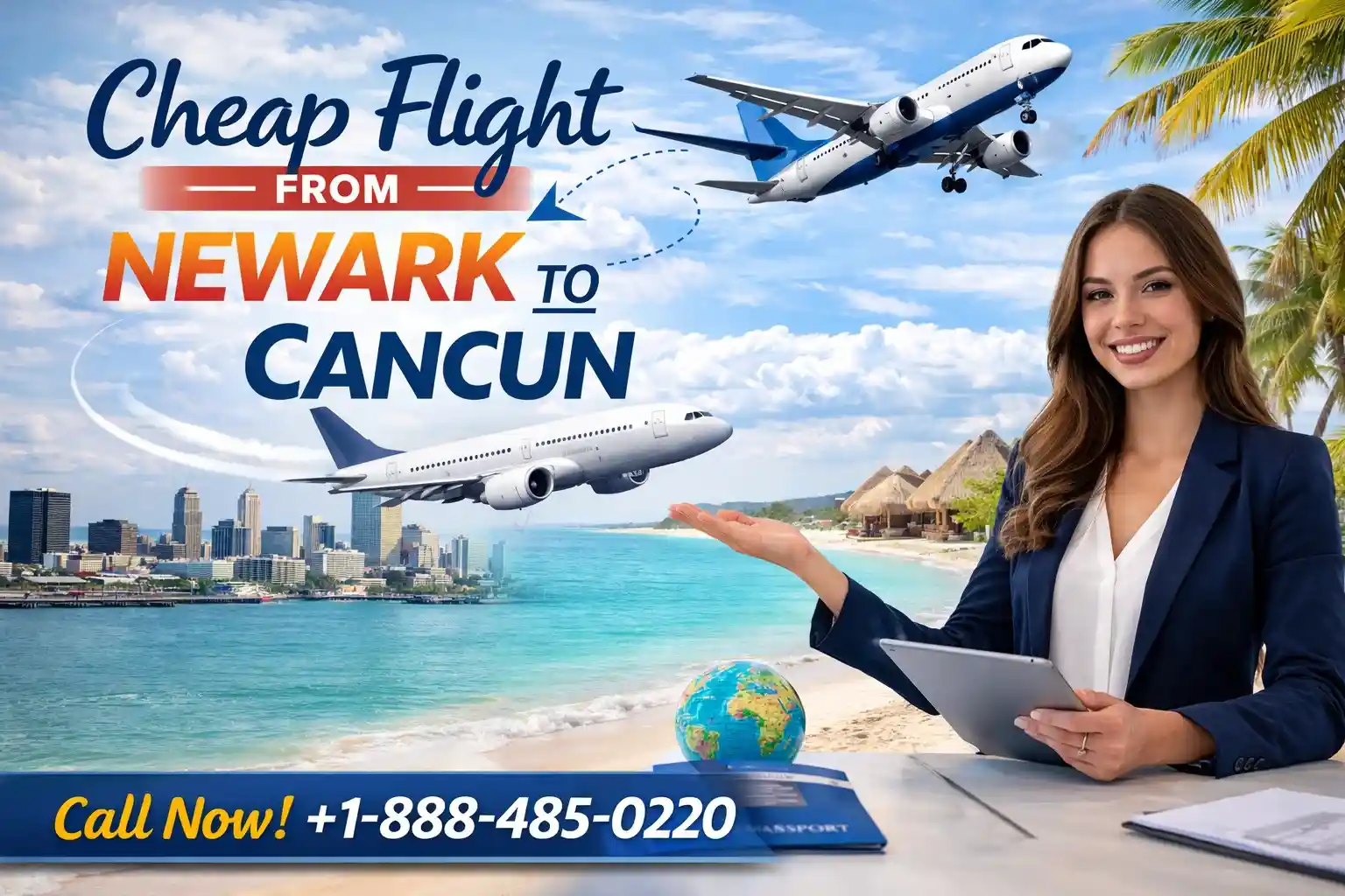 create an image for "Cheap Flights from Newark to Cancun" with call now on +1-888-485-0220 with a sa