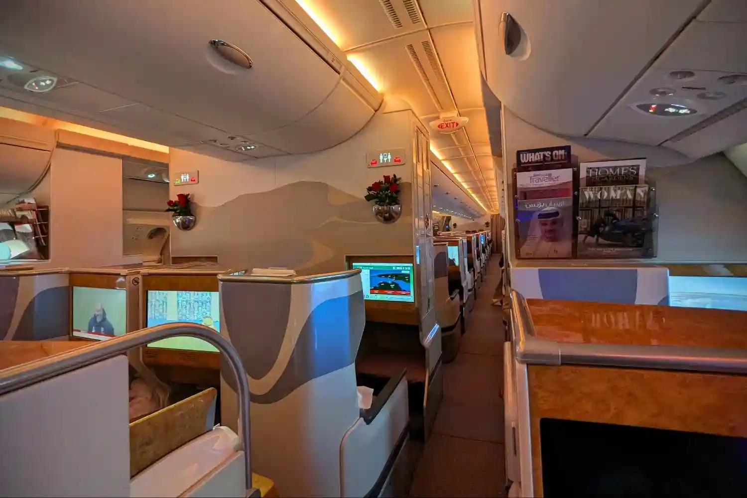First Class cabin interior with lie-flat seating